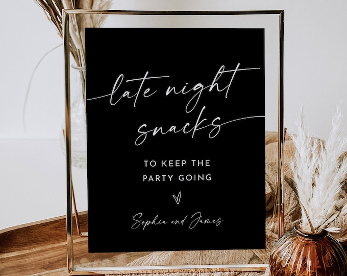 Snack Station Sign, Late Night Snacks, Classic Black Wedding Sign, Snack Bar, Editable Template, Instant Download, Templett, 8x10 #0034B-41S