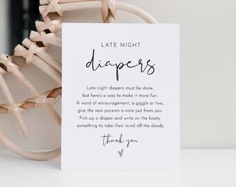 Late Night Diapers Sign, Minimalist Baby Shower Game, Modern Diaper Notes, Editable Template, Instant Download, Templett, 8x10 #0031-306BASG