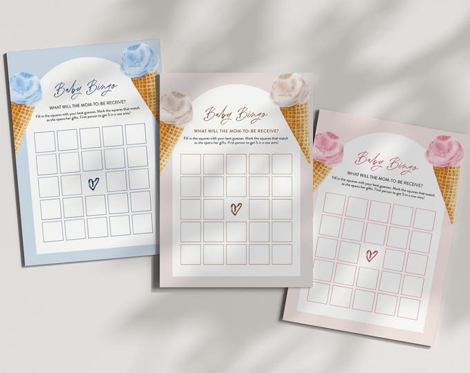 Ice Cream Baby Bingo Game, Sweet Scoop Cone, Printable Summer Baby Shower Game Template, Instant Download, Editable, Templett #0035-11BAG