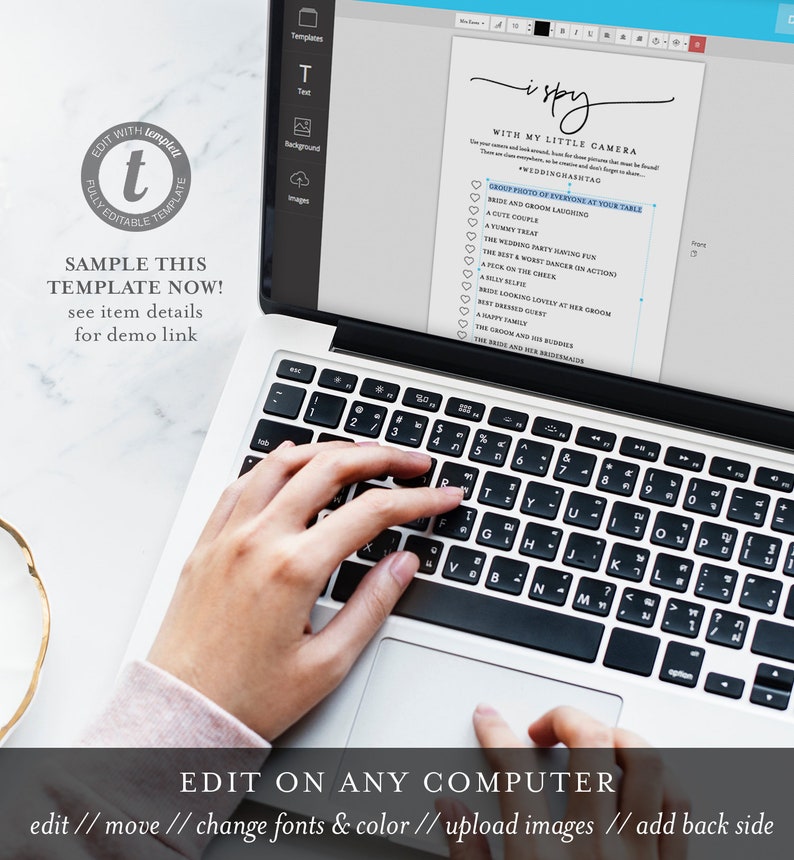 May include: A laptop computer with a white background and a black keyboard. The screen displays a wedding-themed printable template with the text "I Spy with my little camera" and a list of items to find in a group photo. The text "Edit with templett" is visible in the upper left corner of the image.