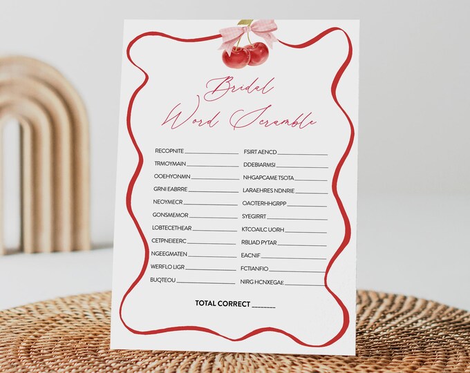 Word Scramble Bridal Shower Game Template, Printable Coquette Cherry Bridal Shower Puzzle, Instant Download, Templett #0056-21BRG