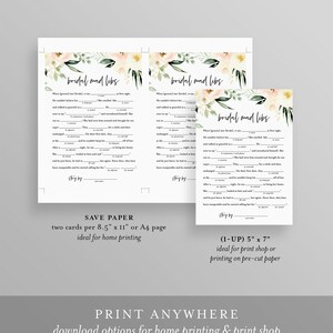 May include: Printable bridal shower game cards with a floral design. The cards feature the text "Bridal Mad Libs" and have fill-in-the-blank lines for guests to complete. The cards are designed for home printing and measure 8.5 inches by 11 inches.