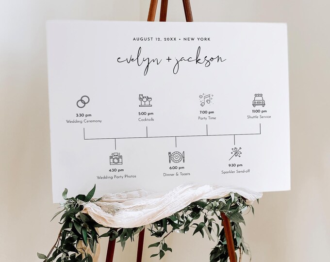 Minimalist Welcome Sign Template, Printable Wedding Day Timeline with Icons, Instant Download, 100% Editable, Templett #0031-249LS