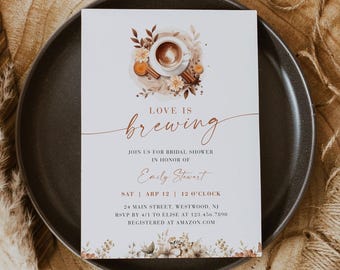 Coffee Bridal Shower Invitation Template, Love is Brewing, Coffee Lover, Latte, Cappuccino, Instant Download, Editable, Templett #0060-361BS