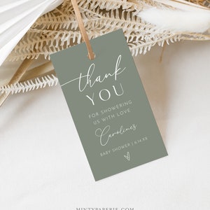 Sage Grün Favor Tag, Boho Baby / Brautdusche, Boho Hochzeit, bearbeitbares Dankeschön Tag Vorlage, Sofort Download, Templett #029-217 FT