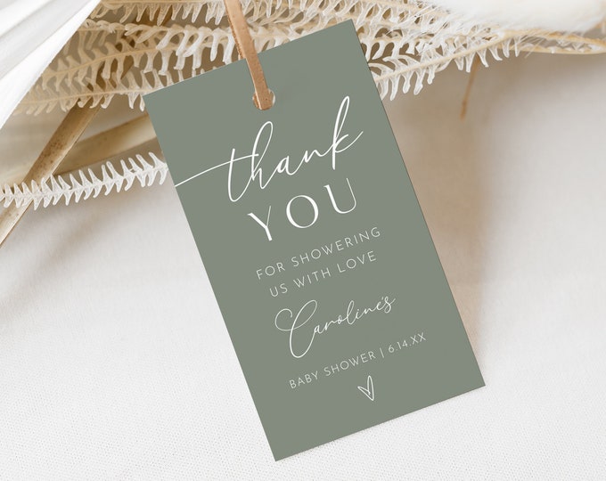 Sage Green Favor Tag, Bohemian Baby / Bridal Shower, Boho Wedding, Editable Thank You Tag Template, Instant Download, Templett #029-217FT