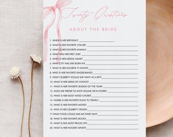 20 Questions About the Bride, Coquette Pink Bow Bridal Shower Game, How Well Do You Know the Bride, Editable Template, Templett #0057-33BRG