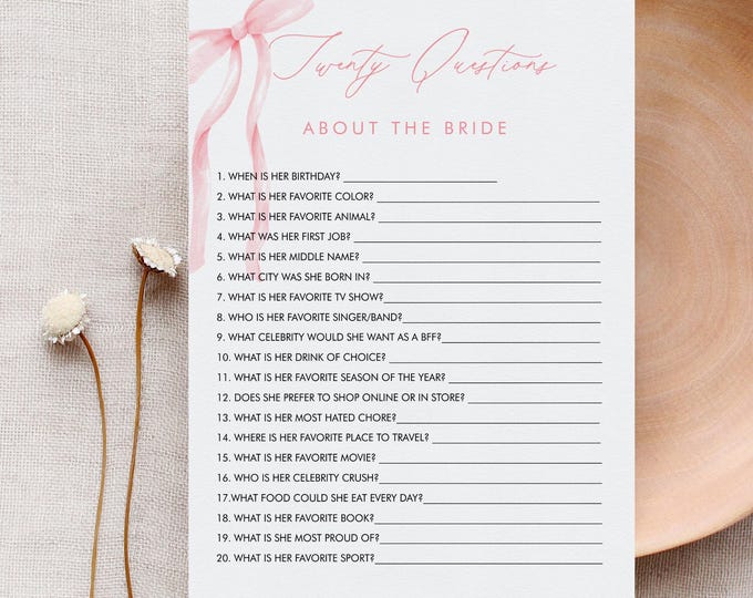 20 Questions About the Bride, Coquette Pink Bow Bridal Shower Game, How Well Do You Know the Bride, Editable Template, Templett #0057-33BRG