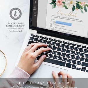 May include: A laptop computer screen displaying a printable "Over or Under" bridal shower game template with a floral design. The game asks guests to guess whether the number is over or under the amount in the question. The text on the screen reads "Our or Under".