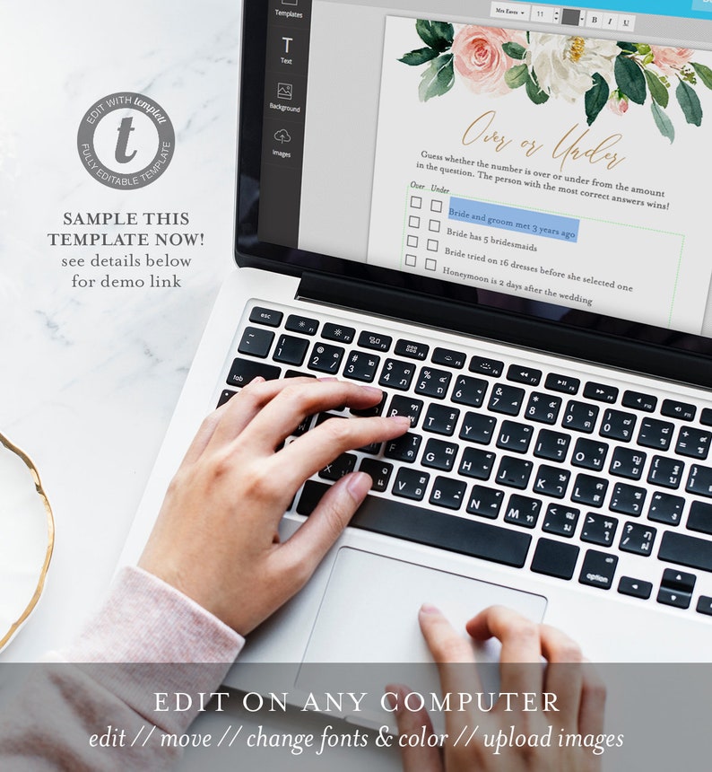May include: A laptop computer screen displaying a printable "Over or Under" bridal shower game template with a floral design. The game asks guests to guess whether the number is over or under the amount in the question. The text on the screen reads "Our or Under".