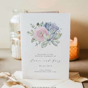 Succulent Wedding Program Template, Folded Booklet, Order of Service, INSTANT DOWNLOAD, 100% Editable, Sweet Watercolor Cactus #041-116WP