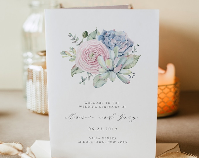 Succulent Wedding Program Template, Folded Booklet, Order of Service, INSTANT DOWNLOAD, 100% Editable, Sweet Watercolor Cactus #041-116WP