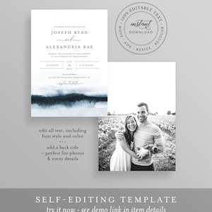 May include: A wedding invitation template with a watercolor background in shades of blue. The text on the invitation reads "Together with their families, Joseph Ryan and Alexandria Rae request the pleasure of your company at the ceremony of their wedding, Saturday, June 15, 2020, 4 o'clock, Villa Venezia, 500 Willow Boulevard, Middletown, NY, Reception to follow."