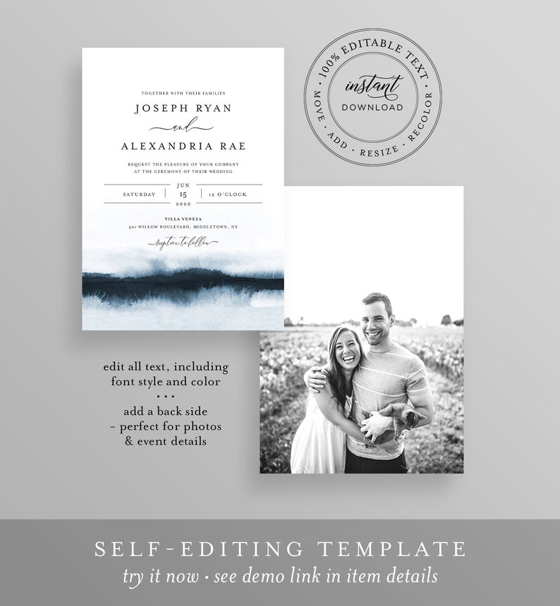 May include: A wedding invitation template with a watercolor background in shades of blue. The text on the invitation reads "Together with their families, Joseph Ryan and Alexandria Rae request the pleasure of your company at the ceremony of their wedding, Saturday, June 15, 2020, 4 o'clock, Villa Venezia, 500 Willow Boulevard, Middletown, NY, Reception to follow."
