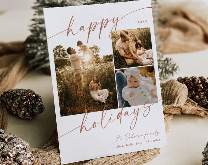 Boho Photo Holiday Card Template, Bohemian Christmas Card, Terracotta, Editable, Add Photo, Instant Download, Templett, 5x7 #0034T-161HP