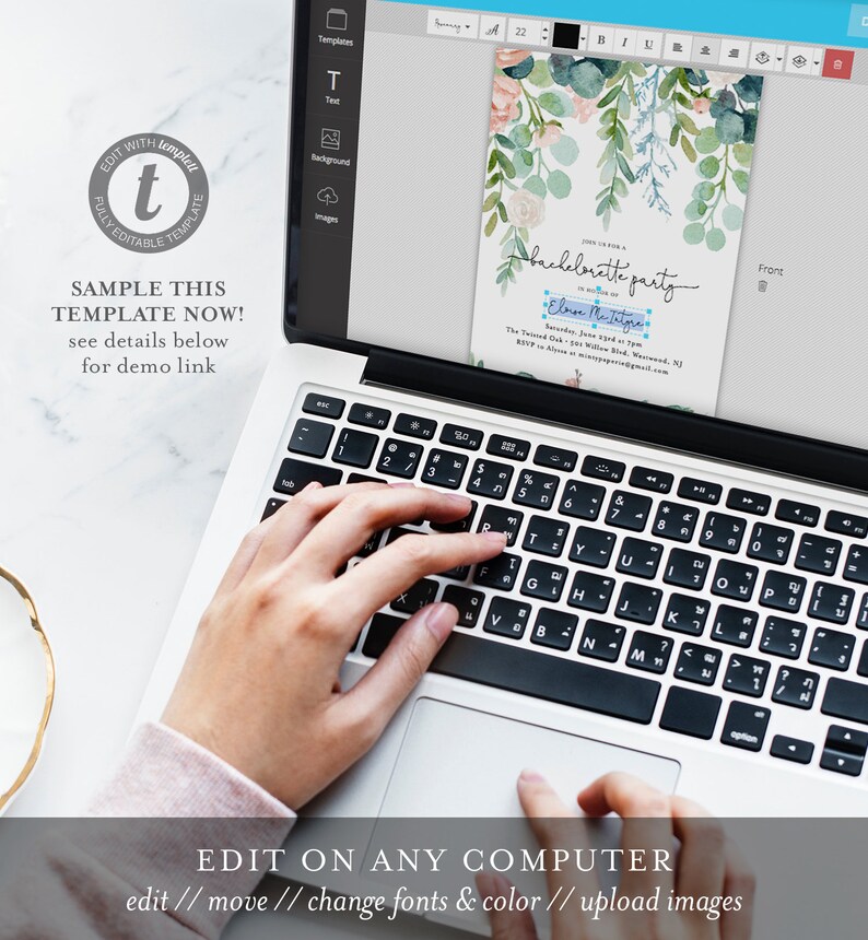 May include: A laptop computer with a screen displaying a bachelorette party invitation template. The invitation features a watercolor floral design with pink and green flowers. The text on the invitation reads "bachelorette party" and "Elva Martinez".