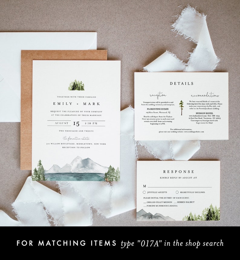 Lake Wedding Invitation Set, Lakeside, Mountain, Woodland Pine, Rustic Wedding, Editable Template, Instant Download, Templett 017A image 8