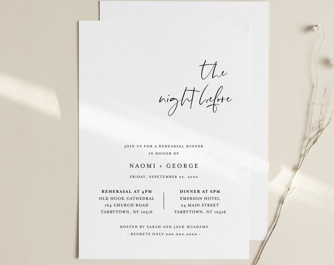 Modern Rehearsal Dinner Invitation Template, Minimalist Rehearsal Invite, Night Before, 100% Editable, Instant Download, Templett #096-151RD