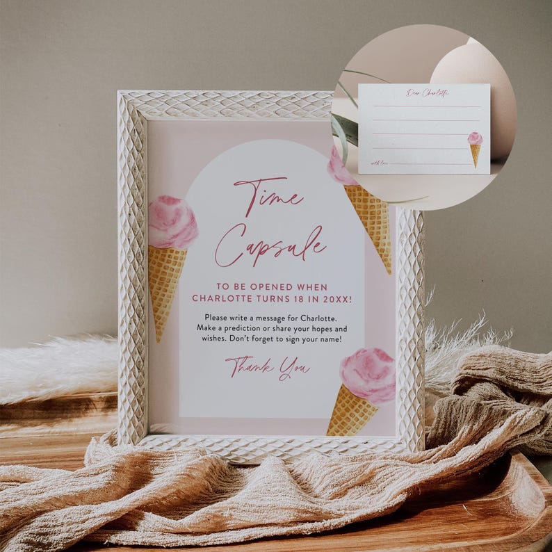Puede incluir: Un marco blanco con un cartel rosa y blanco que dice "Time Capsule" y "To be opened when Charlotte turns 18 in 20XX!"  El cartel tiene un cono de helado rosa con un cono de waffle a cada lado.  El cartel tambi&eacute;n dice "Please write a message for Charlotte. Make a prediction or share your hopes and wishes. Don't forget to sign your name! Thank you."