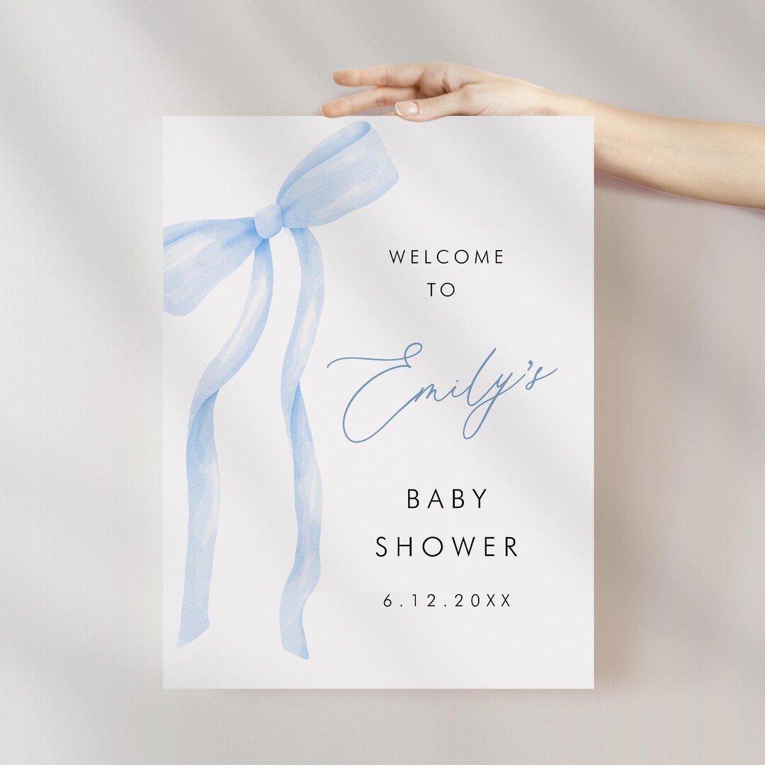 Coquette Bow Baby Shower Welcome Sign, Baby Boy Blue Bow, Watercolor ...