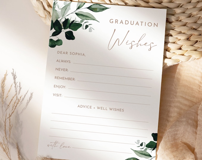 Graduation Wishes Card, Greenery Graduation Party Game, Advice Card, 100% Editable Template, INSTANT DOWNLOAD, Templett, 5x7 #033-140AC