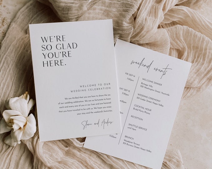 Modern Welcome Letter & Timeline Template, Minimalist Wedding Order of Events, Itinerary, INSTANT DOWNLOAD, 100% Editable Text #0026-185WB