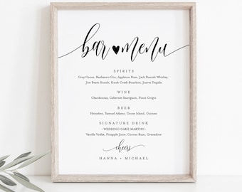 Bar Menu Sign, Editable Wedding Bar Menu Template, Alcohol Drinks Menu, Modern Calligraphy, Instant Download, Templett 8x10, 18x24 #008-19S