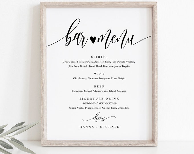 Bar Menu Sign, Editable Wedding Bar Menu Template, Alcohol Drinks Menu, Modern Calligraphy, Instant Download, Templett 8x10, 18x24 #008-19S