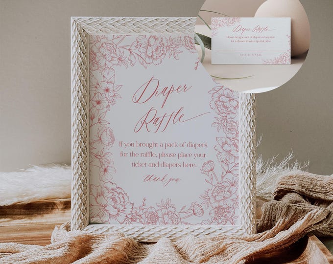 French Toile Diaper Raffle Game, Printable Pink Girl Baby Shower Diaper Raffle Insert & Sign, Editable Template, Instant #0062-20BAG