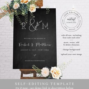 May include: Editable wedding sign template with a chalkboard background. The sign features the couple's initials "R&M" in a script font, their names "Rachel & Matthew", the wedding date "August 8, 2019", and the location "New York". The sign also includes the hashtag "#RachelMatthewWedding".