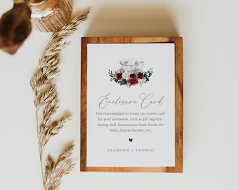 Tea Party Enclosure Card Template, Wedding, Bridal Shower, Baby Shower, Insert Card, 100% Editable Text, Registry, Book Request #085B-146EC