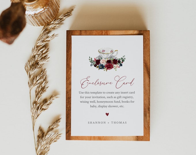 Tea Party Enclosure Card Template, Wedding, Bridal Shower, Baby Shower, Insert Card, 100% Editable Text, Registry, Book Request #085B-146EC