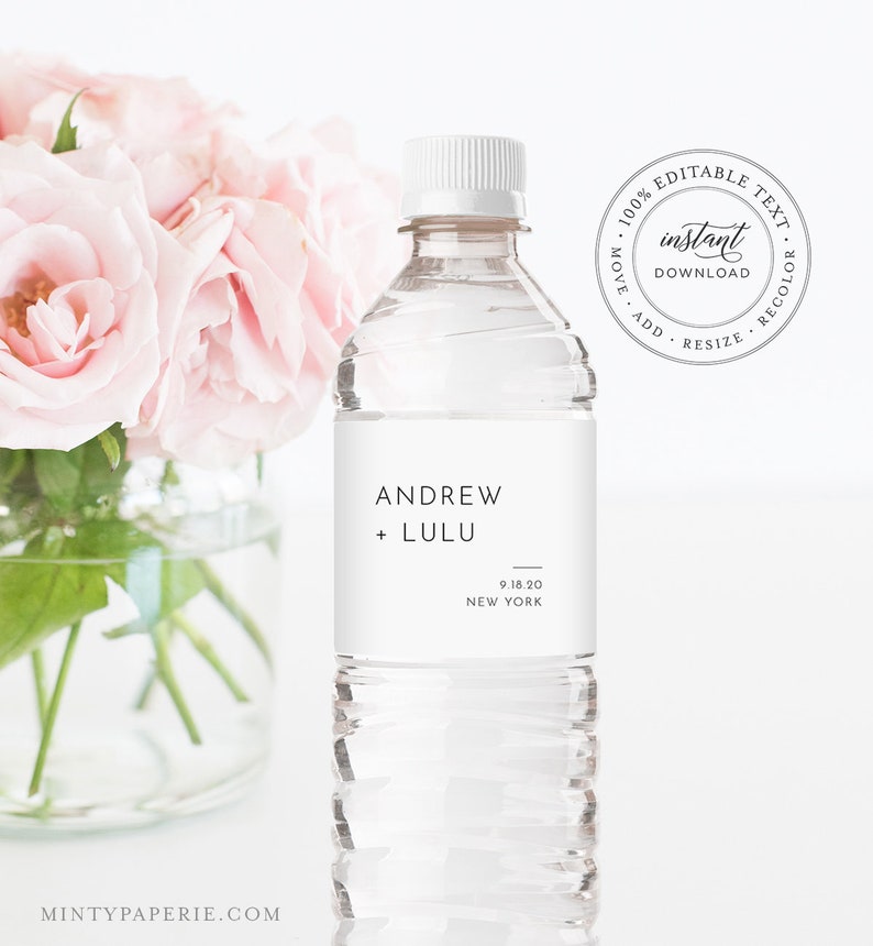 Minimalist Water Bottle Label Template, Wedding Water Sticker, Printable, 100% Editable, Welcome Bag, Instant Download, Templett 094-114BL image 1