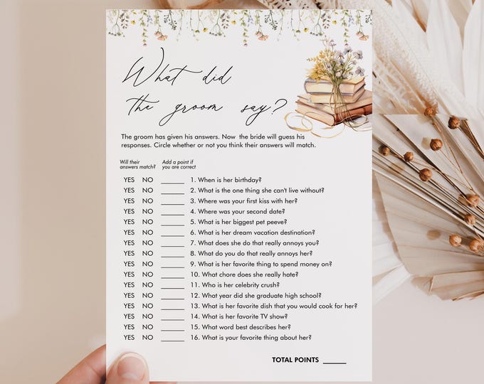 What Did the Groom Say, Wildflower Book New Chapter Bridal Shower Game, Printable, Editable Template, Instant Download, Templett #0066-08BRG
