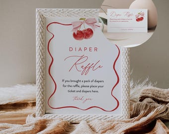 Cherry Diaper Raffle Game, Printable Coquette Bow Girl Baby Shower Diaper Raffle Insert and Sign, Editable Template, Instant #0056-20BAG