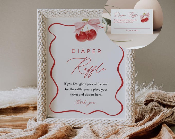 Cherry Diaper Raffle Game, Printable Coquette Bow Girl Baby Shower Diaper Raffle Insert and Sign, Editable Template, Instant #0056-20BAG