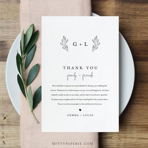 Carta de agradecimiento, Monograma minimalista, Nota de servilleta, Menú imprimible Gracias, Plantilla editable, Descarga instantánea, Templett 4x6 #095B-138TYN