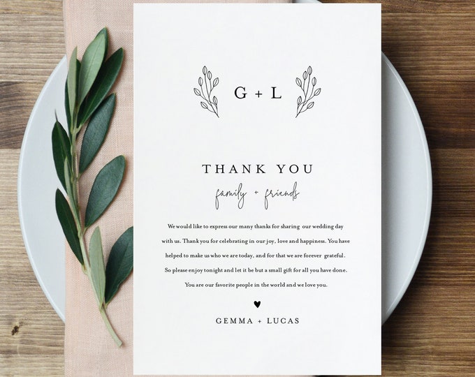 Thank You Letter, Minimalist Monogram, Napkin Note, Printable Menu Thank You, Editable Template, Instant Download, Templett 4x6 #095B-138TYN