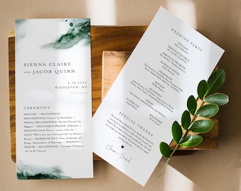 Mystic Lake Wedding Program Template, Printable Order of Service, Emerald Watercolor, Instant Download, Editable Text, Templett #0002-244WP