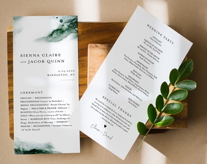 Mystic Lake Wedding Program Template, Printable Order of Service, Emerald Watercolor, Instant Download, Editable Text, Templett #0002-244WP