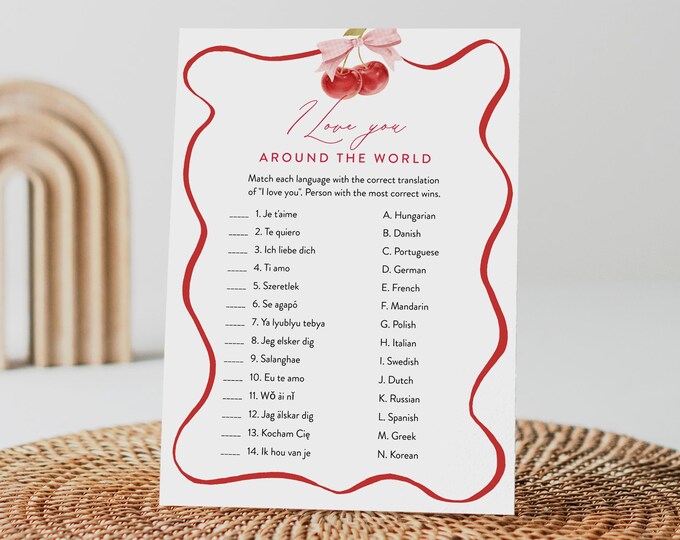 I love You Around the World, Bridal Shower Game Template, Cherry Couples Shower Game, Editable Template, Instant Download #0056-23BRG