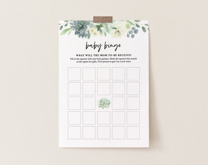 Baby Bingo Game, Printable Succulent Greenery Baby Shower Game, DIY Template, 100% Editable Text, Instant Download, Templett  #075-135BG