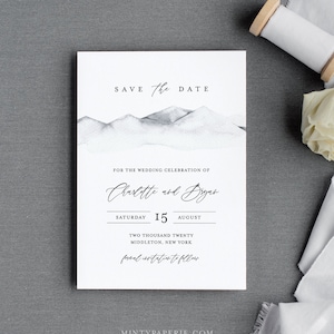 Berg Save the Date Vorlage, minimalistisch Winter Hochzeit Datum druckbar, bearbeitbar, sofortiger Download, Templett, rustikal 4x6, 5x7 #004-155SD