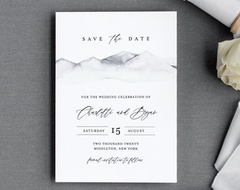 Mountain Save the Date Template, Minimalist Winter Wedding Date Printable, Editable, Instant Download, Templett, Rustic 4x6, 5x7 #004-155SD