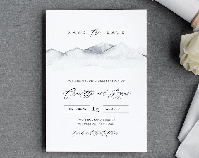 Mountain Save the Date Template, Minimalist Winter Wedding Date Printable, Editable, Instant Download, Templett, Rustic 4x6, 5x7 #004-155SD