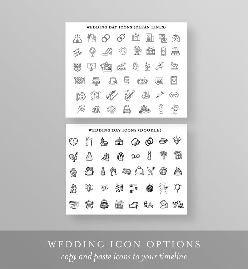 May include: A black and white graphic with two sets of wedding day icons. The top set is labeled "Wedding Day Icons (Clean Lines)" and the bottom set is labeled "Wedding Day Icons (Doodle)". The icons include images of wedding rings, a church, a cake, a car, a dress, a tuxedo, a heart, a bow tie, a microphone, a camera, a champagne bottle, a bouquet of flowers, a musical note, a fireworks display, and more.