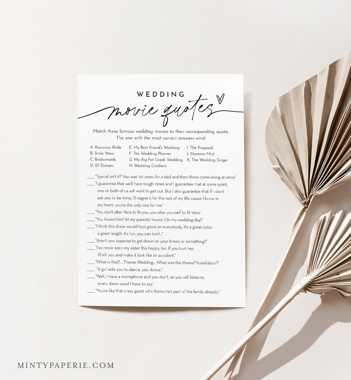 Wedding Movie Quotes Bridal Shower Game Template Minimalist Etsy