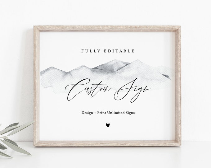 Mountain Custom Sign Template, Minimalist Wedding or Bridal Shower Table Sign, Create Any Sign, INSTANT DOWNLOAD, Templett #004-187CS