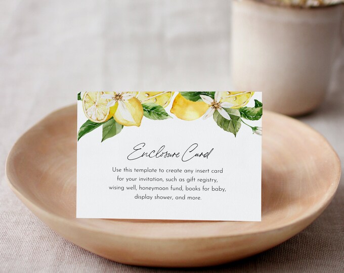 Lemon Enclosure Card, Mediterranean Wedding Invitation Insert, Baby / Bridal Shower Insert, Editable Details & Info, Templett #0027-189EC