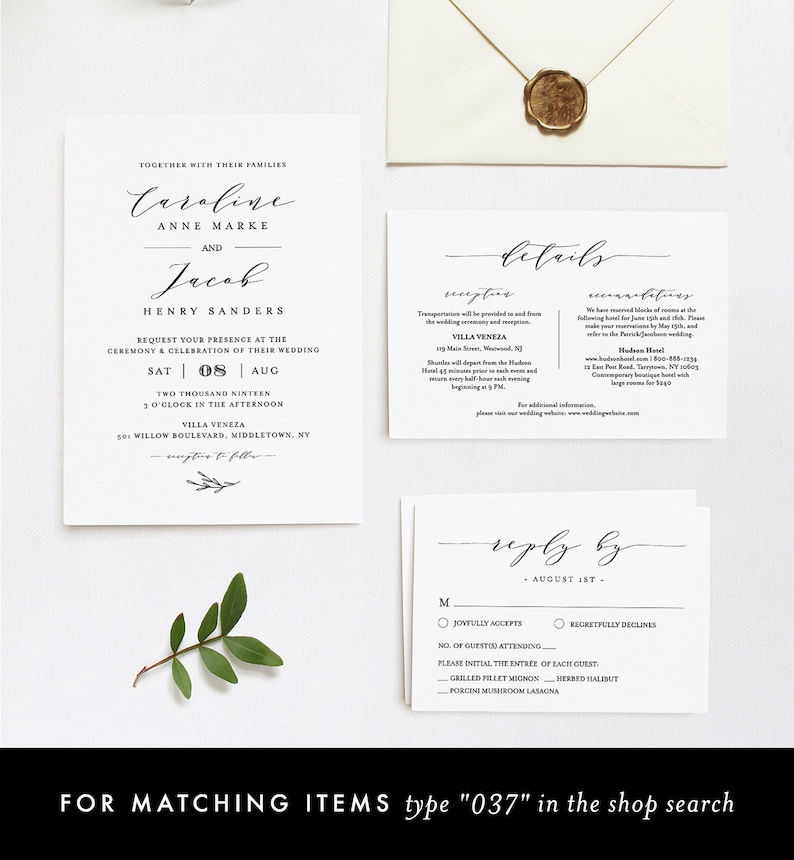 May include: Wedding invitation suite with white cardstock and black calligraphy. The invitation features the names Caroline and Jacob, the date August 8th, and the location Villa Veneza. The details card includes information about the reception and accommodations. The reply card has a RSVP section with a choice of entrees.